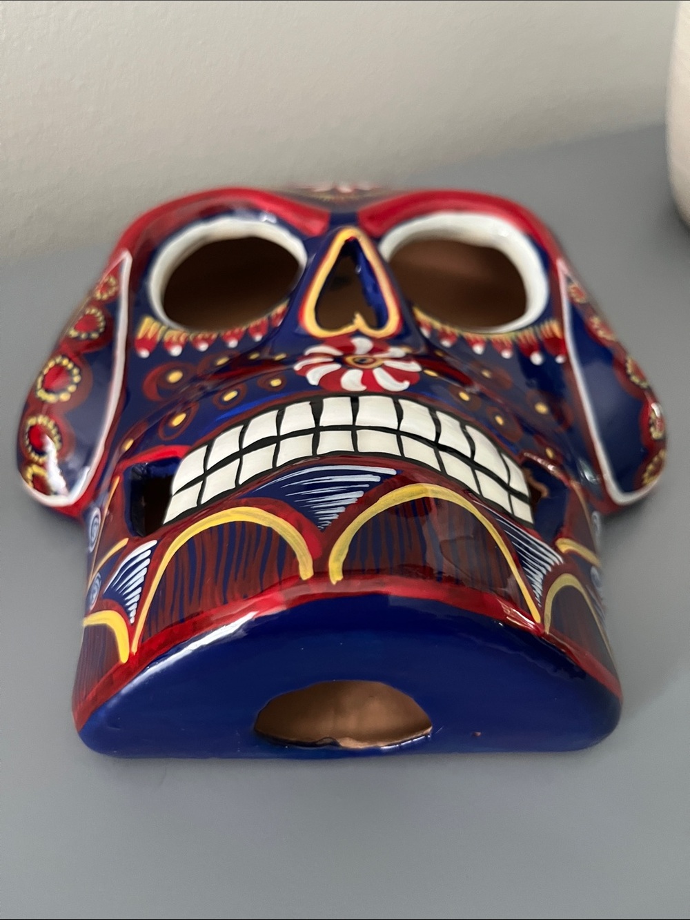 Hand-Painted Ceramic Sugar Skull in Blue & Red - Picture 2 of 4